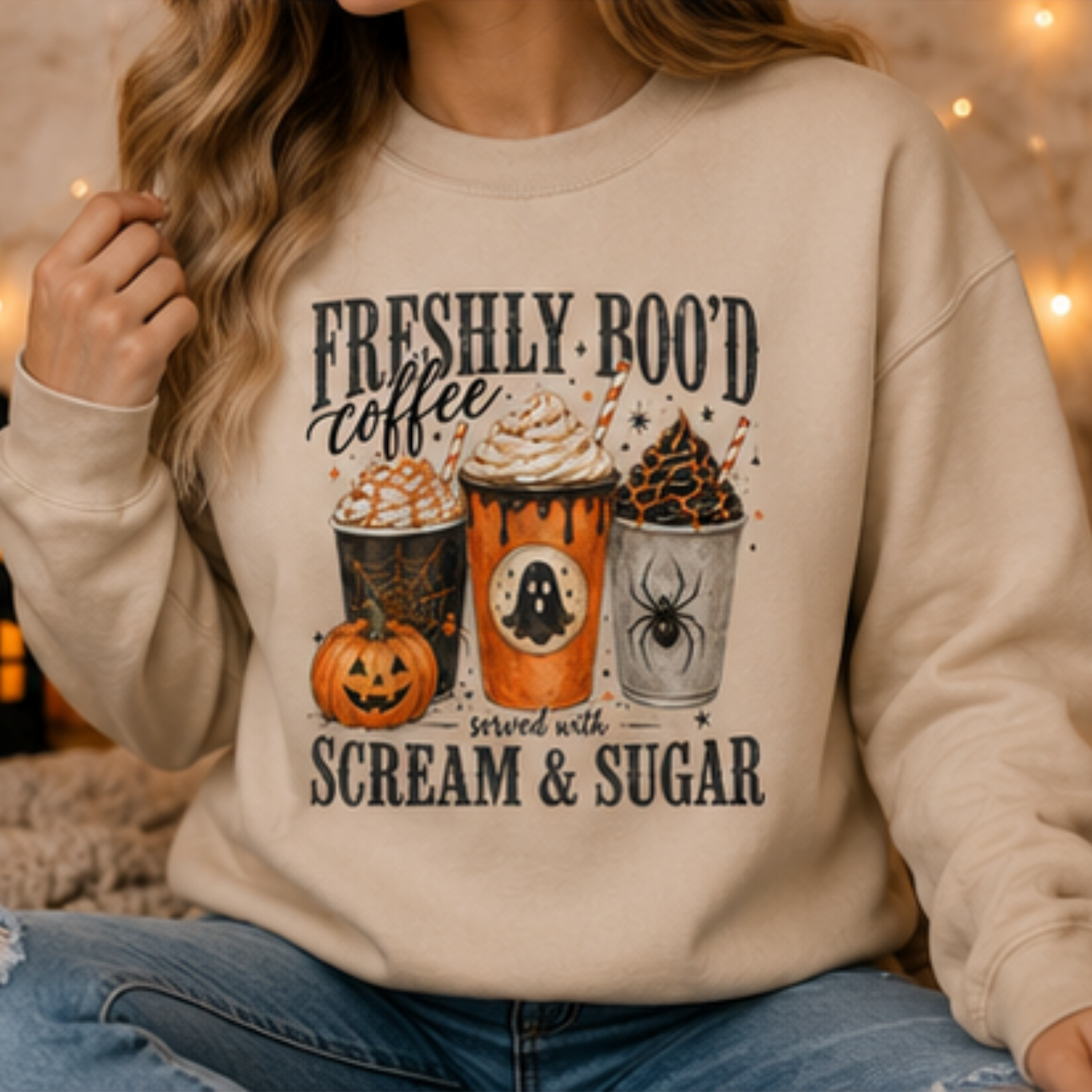 Freshly Boo'd Coffee Halloween Sweatshirt | Spooky Ghost Pumpkin Fall Crewneck | Cozy Coffee Lover Sweatshirt