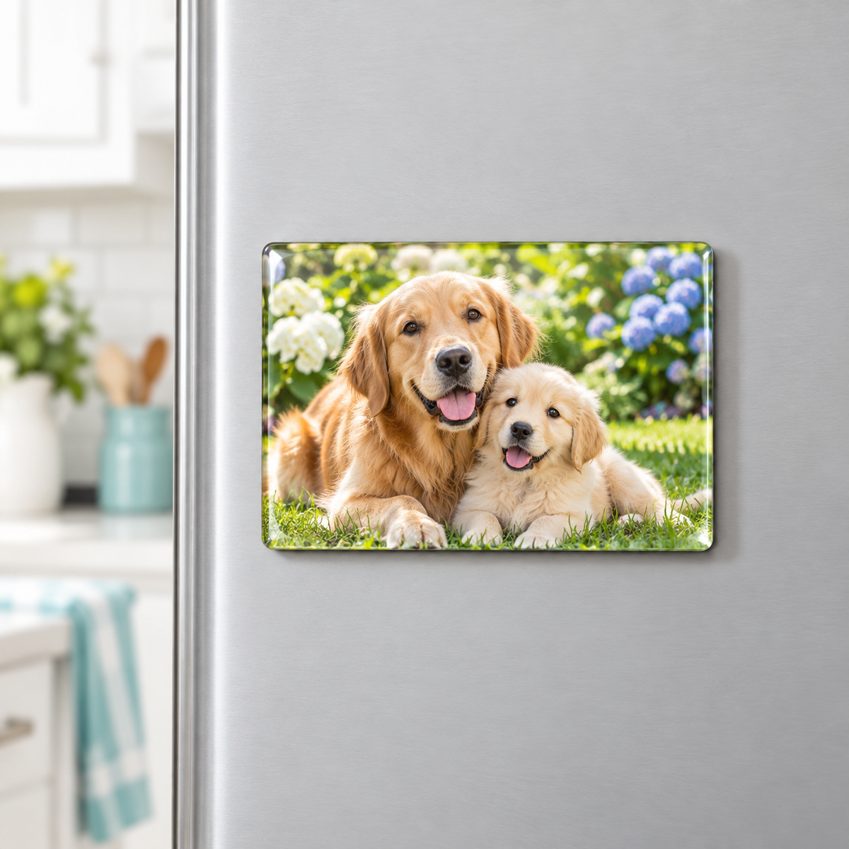 Illustrative Golden Retriever and puppy glass photo magnet