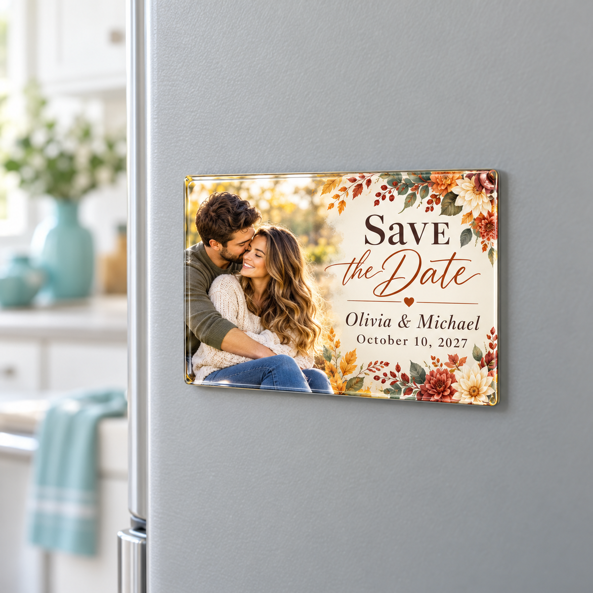 Illustrative personalized save-the-date glass photo magnet