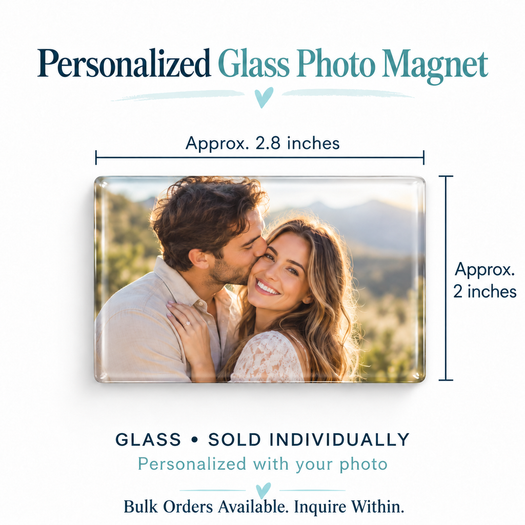 Glass photo magnet approximately 2 by 2.8 inches, sold individually; bulk orders available