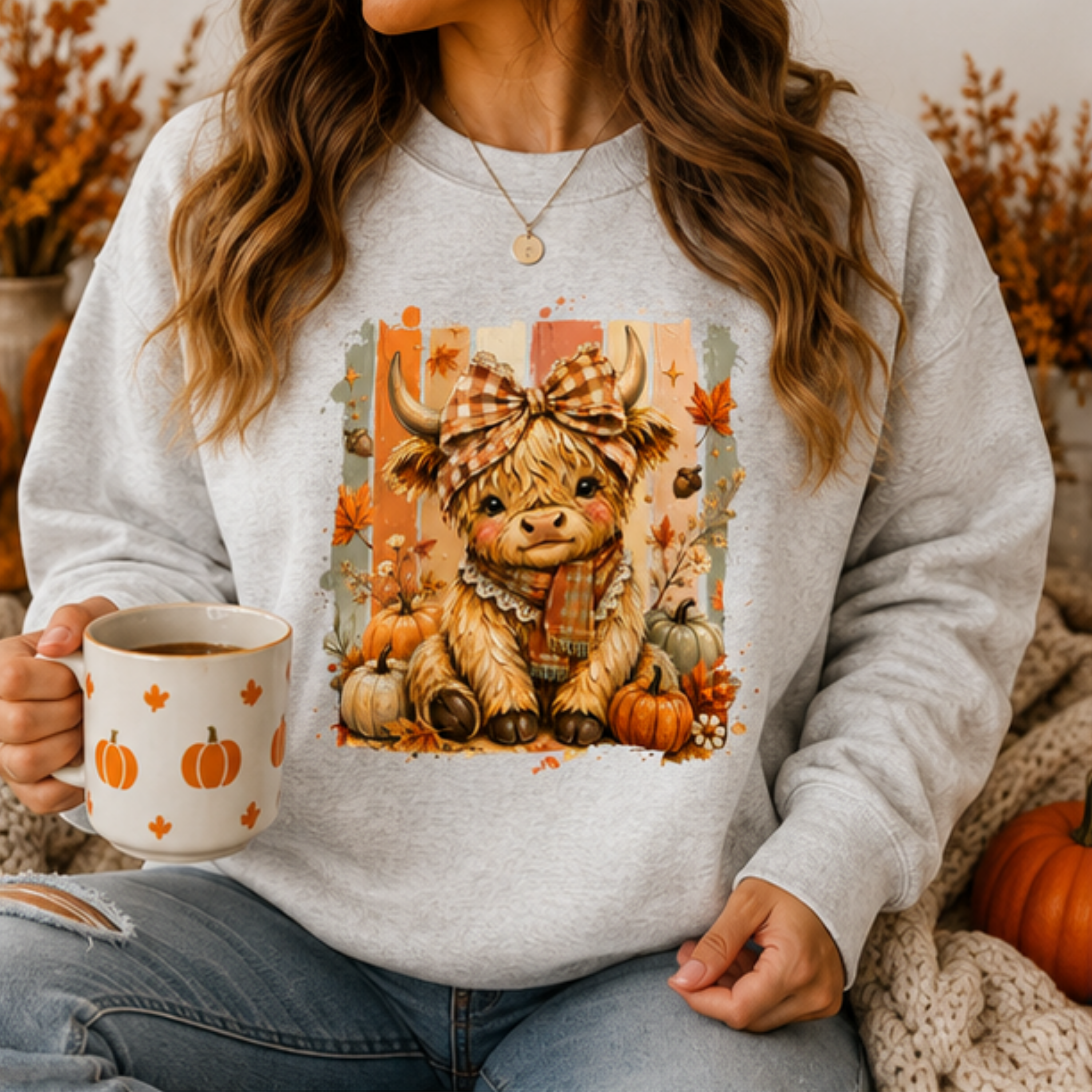 Cute Highland Cow Fall Crewneck Sweatshirt | Cozy Women's Autumn Graphic Pullover