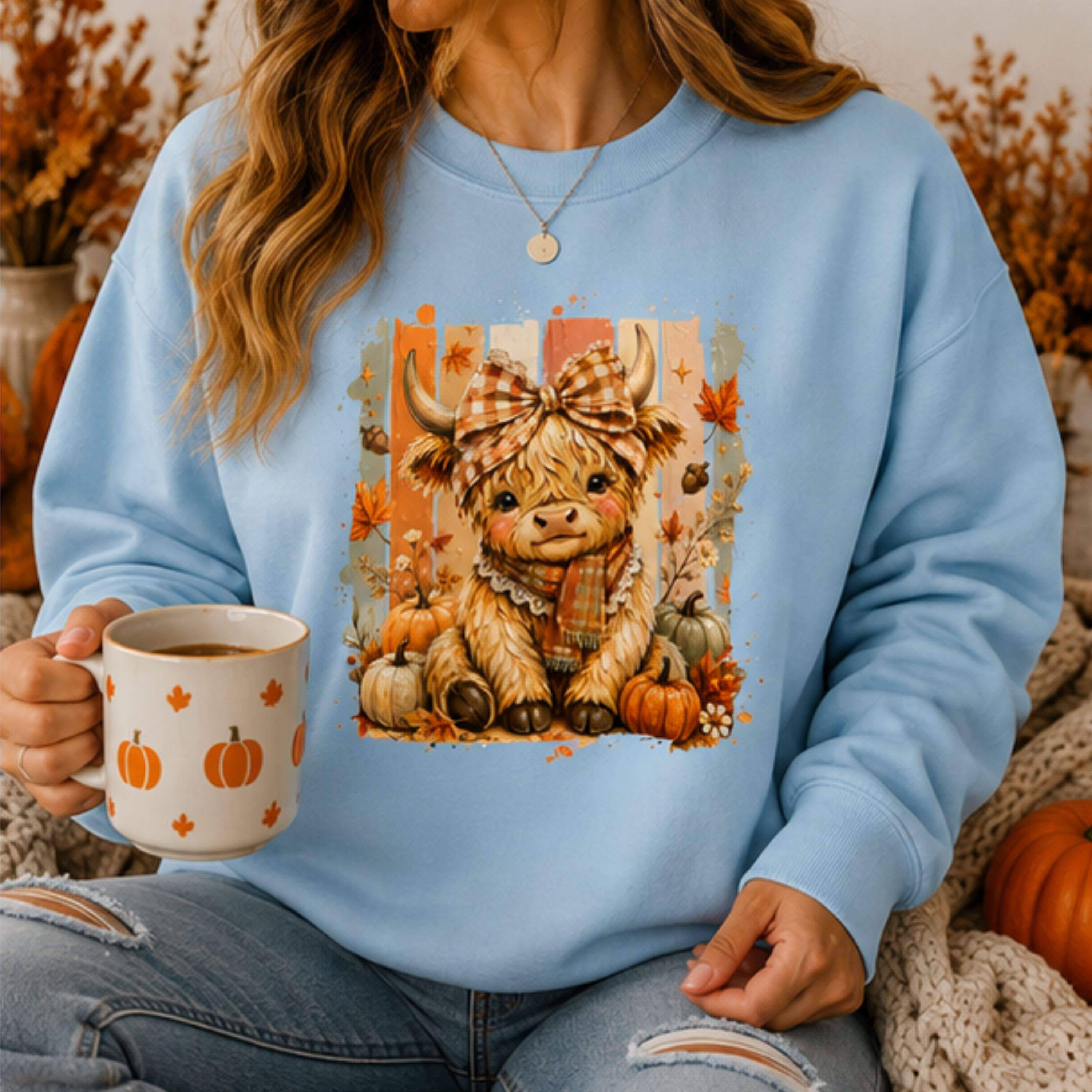 Cute Highland Cow Fall Crewneck Sweatshirt | Cozy Women's Autumn Graphic Pullover