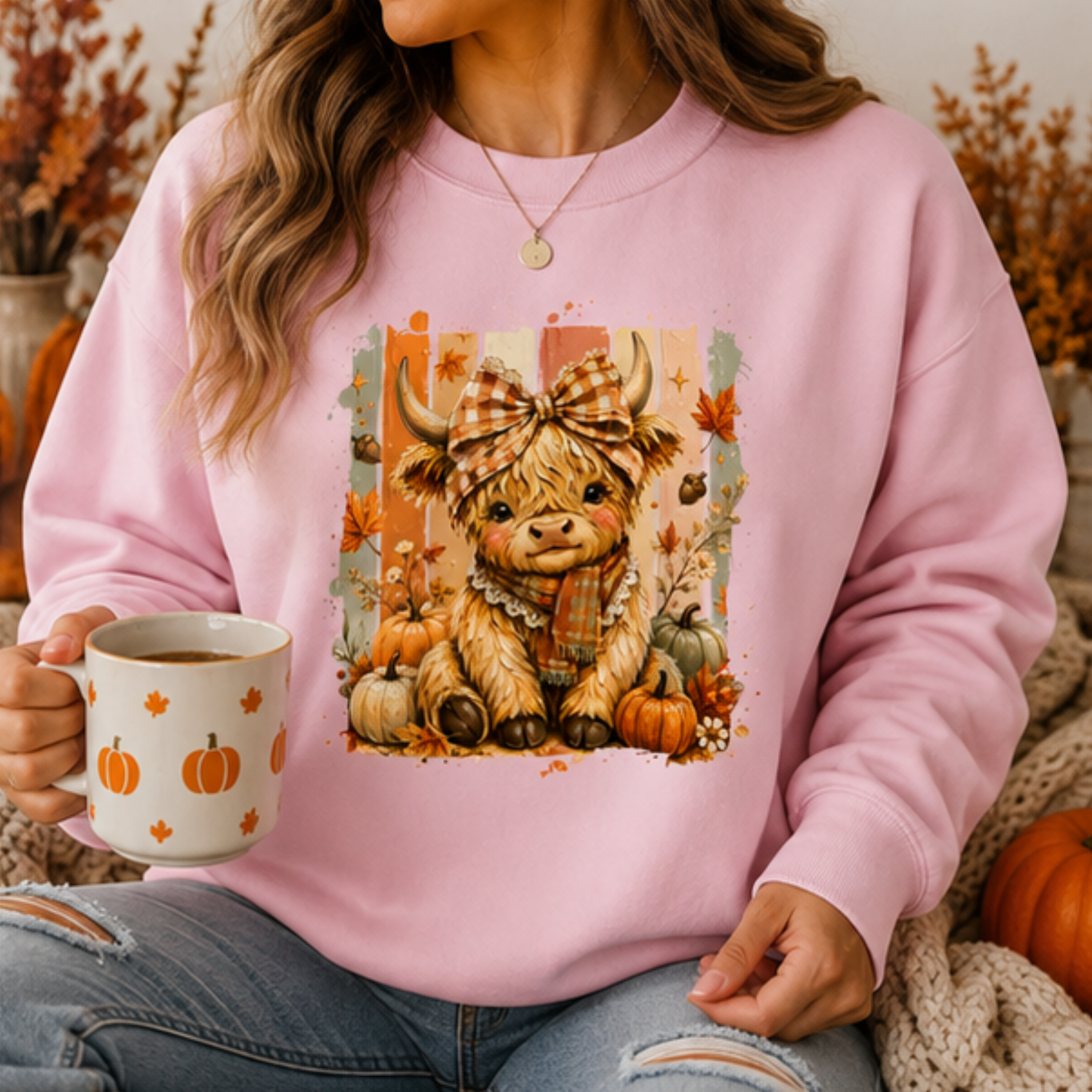 Cute Highland Cow Fall Crewneck Sweatshirt | Cozy Women's Autumn Graphic Pullover