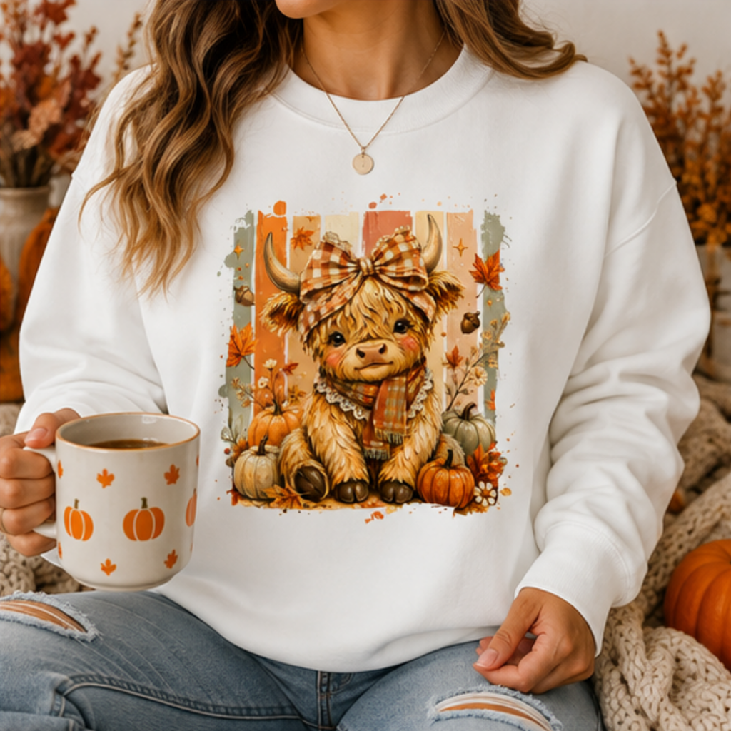 Cute Highland Cow Fall Crewneck Sweatshirt | Cozy Women's Autumn Graphic Pullover