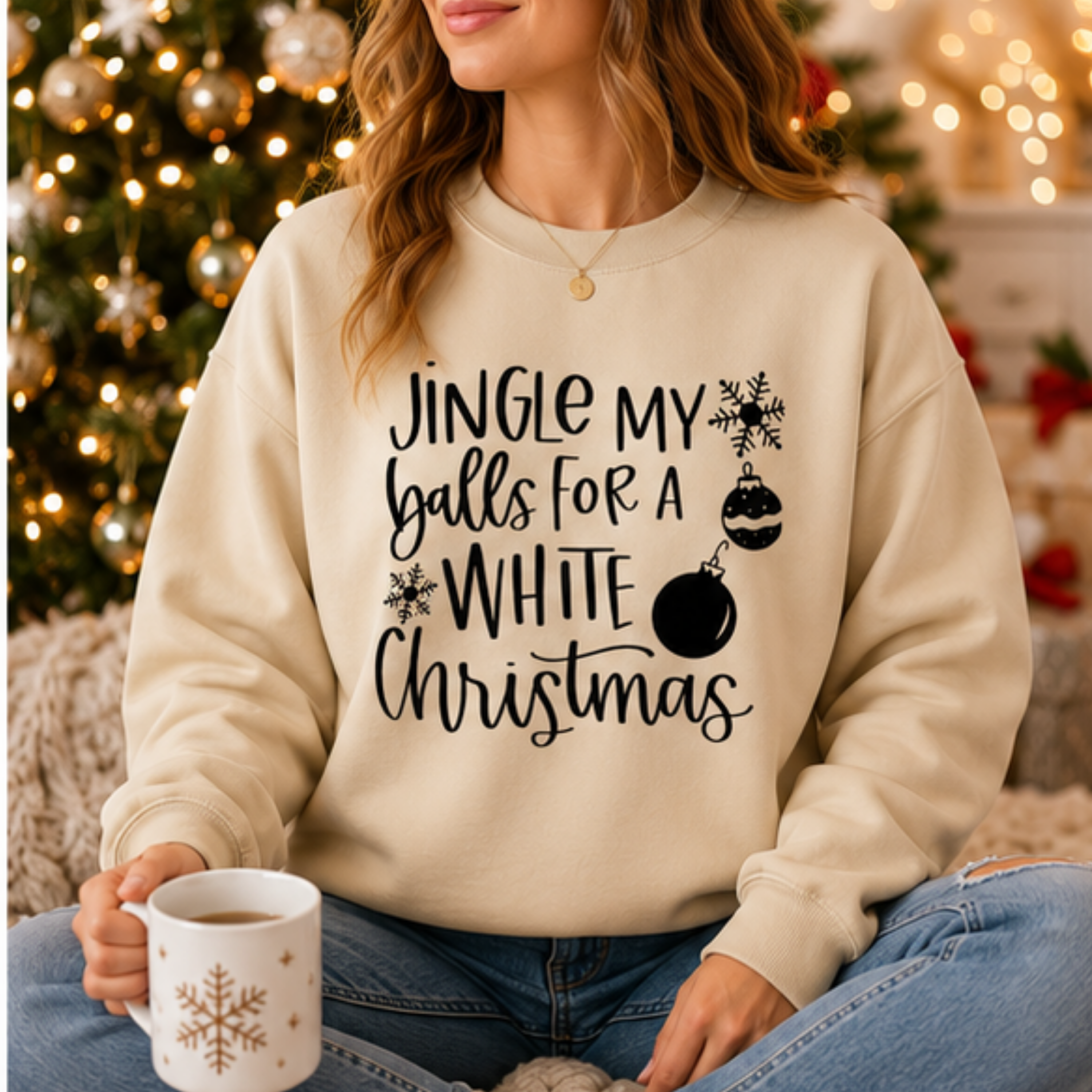 Jingle My Balls for a White Christmas Women's Christmas Sweatshirt | Funny Holiday Crewneck | Festive Winter Pullover