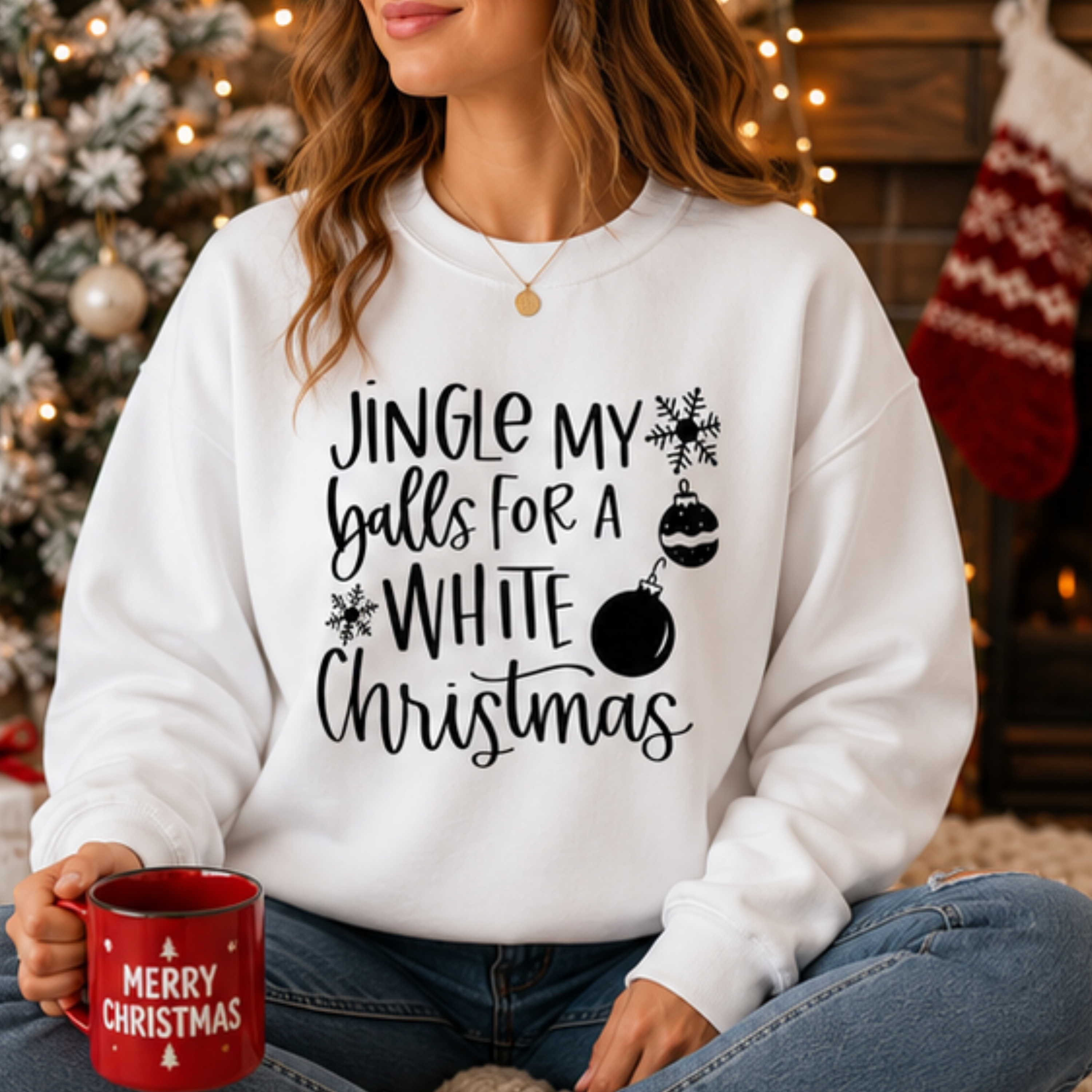 Jingle My Balls for a White Christmas Women's Christmas Sweatshirt | Funny Holiday Crewneck | Festive Winter Pullover