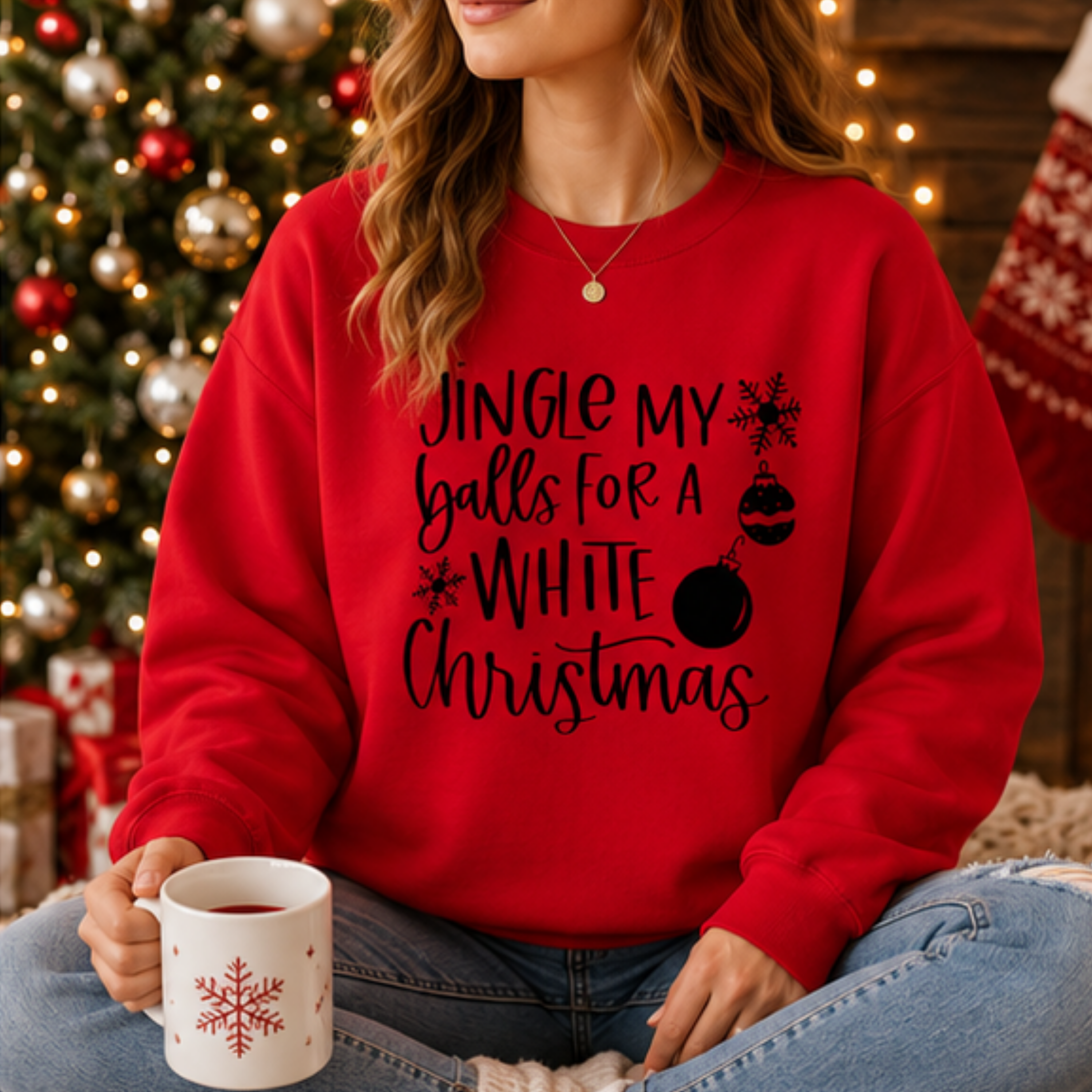 Jingle My Balls for a White Christmas Women's Christmas Sweatshirt | Funny Holiday Crewneck | Festive Winter Pullover