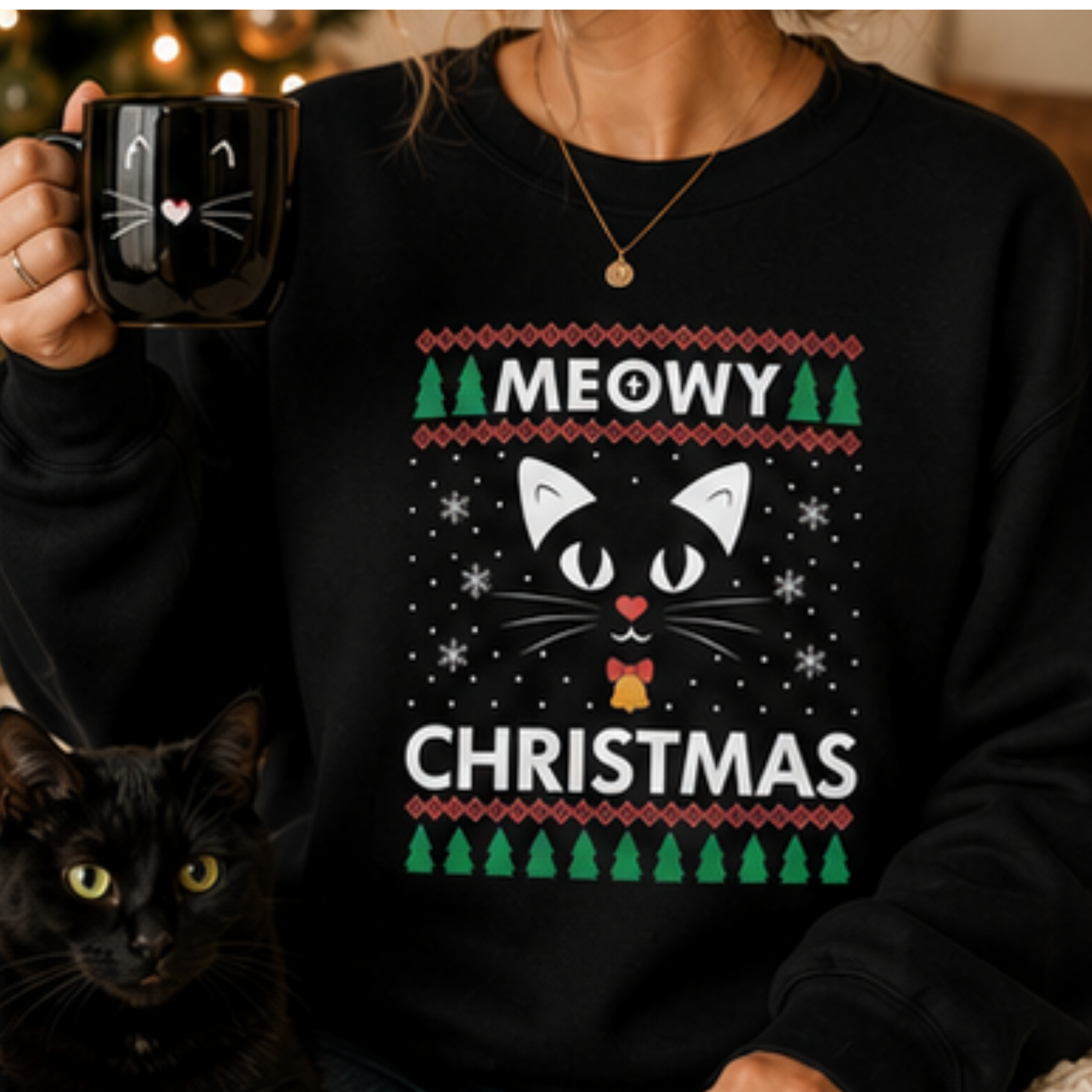 Meowy Christmas Unisex Christmas Sweatshirt | Funny Cat Lover Holiday Crewneck