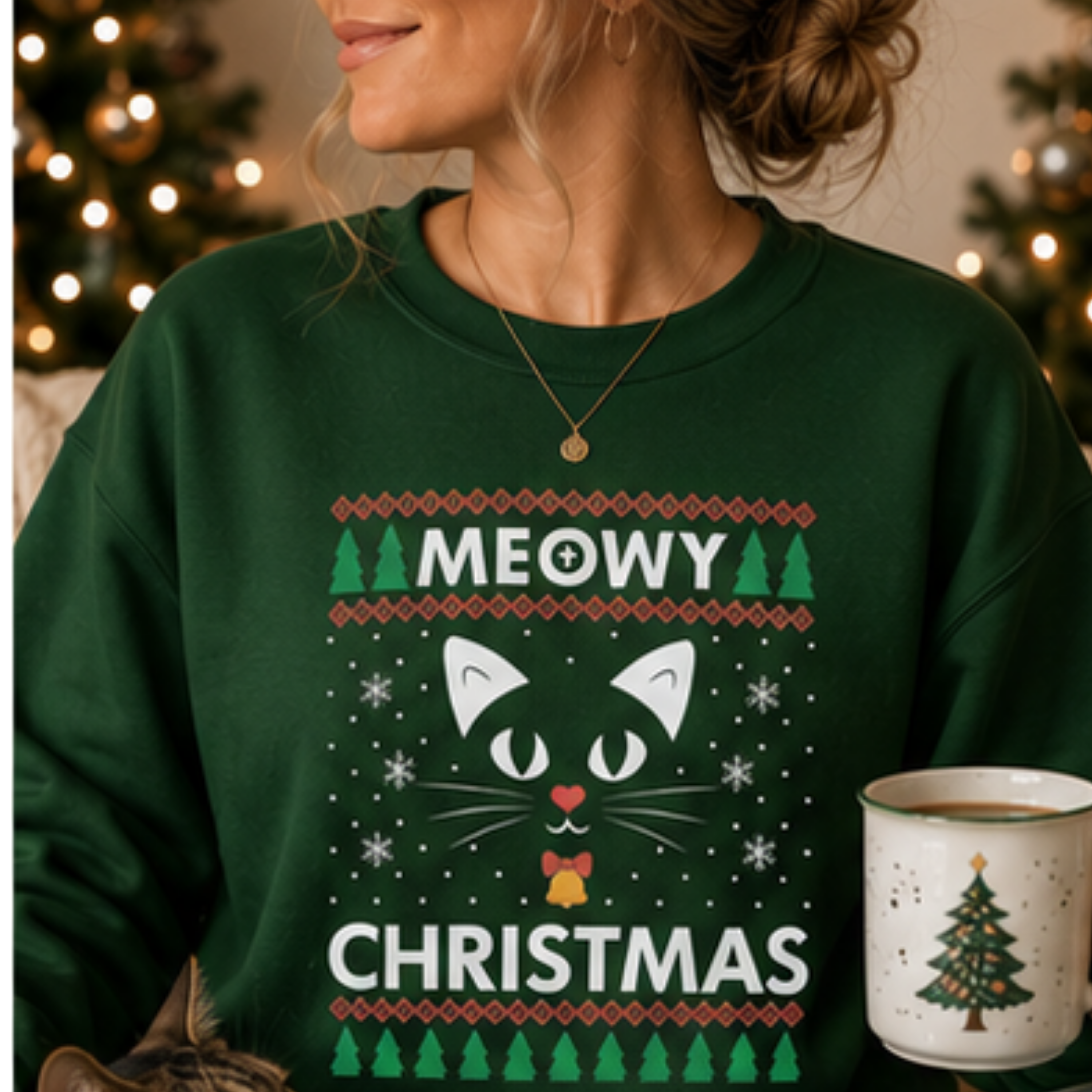Meowy Christmas Unisex Christmas Sweatshirt | Funny Cat Lover Holiday Crewneck