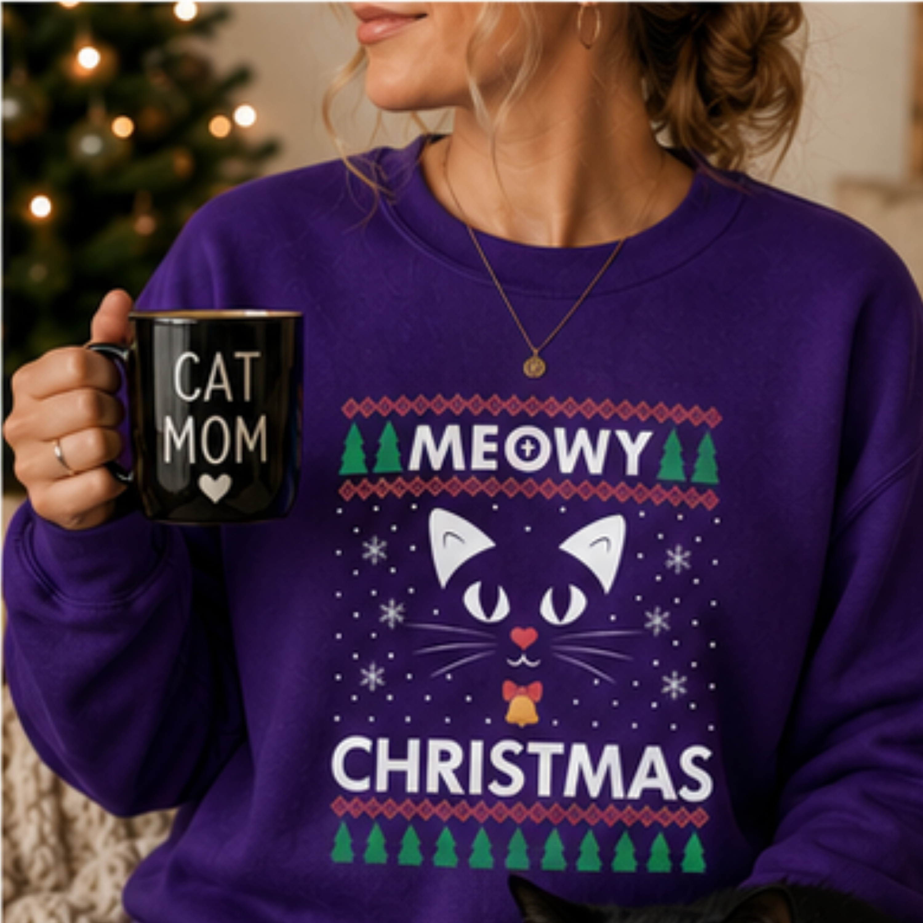 Meowy Christmas Unisex Christmas Sweatshirt | Funny Cat Lover Holiday Crewneck