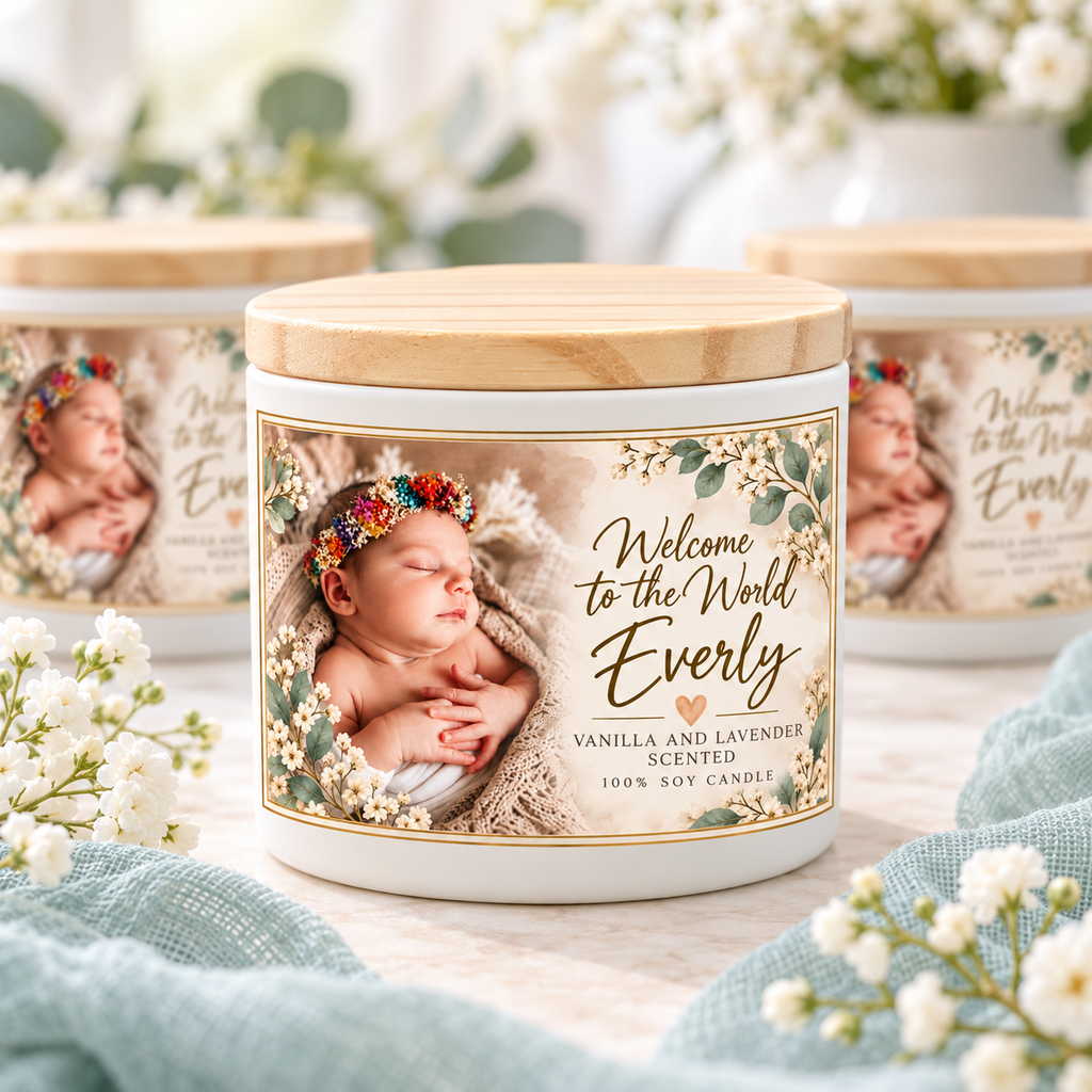 Personalized baby celebration candle favors with floral labels and wooden lids