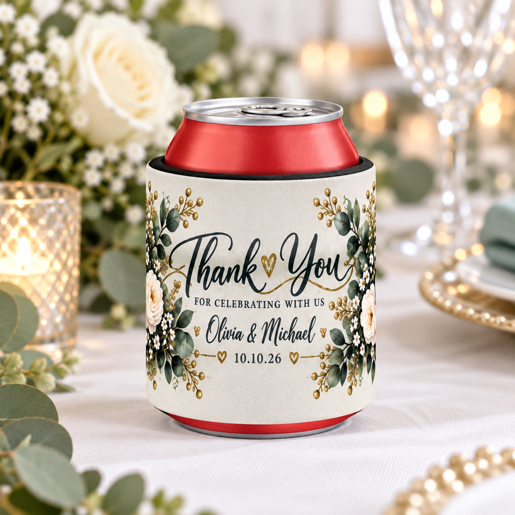 Personalized wedding slap koozie wrapped around a can
