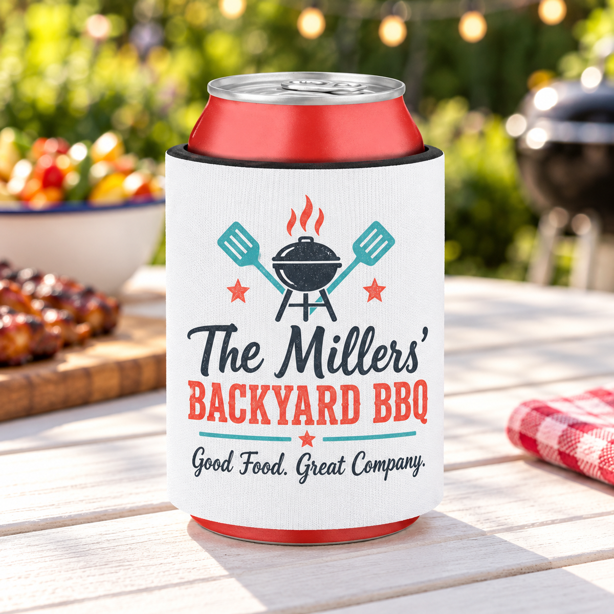 Personalized backyard BBQ slap koozie