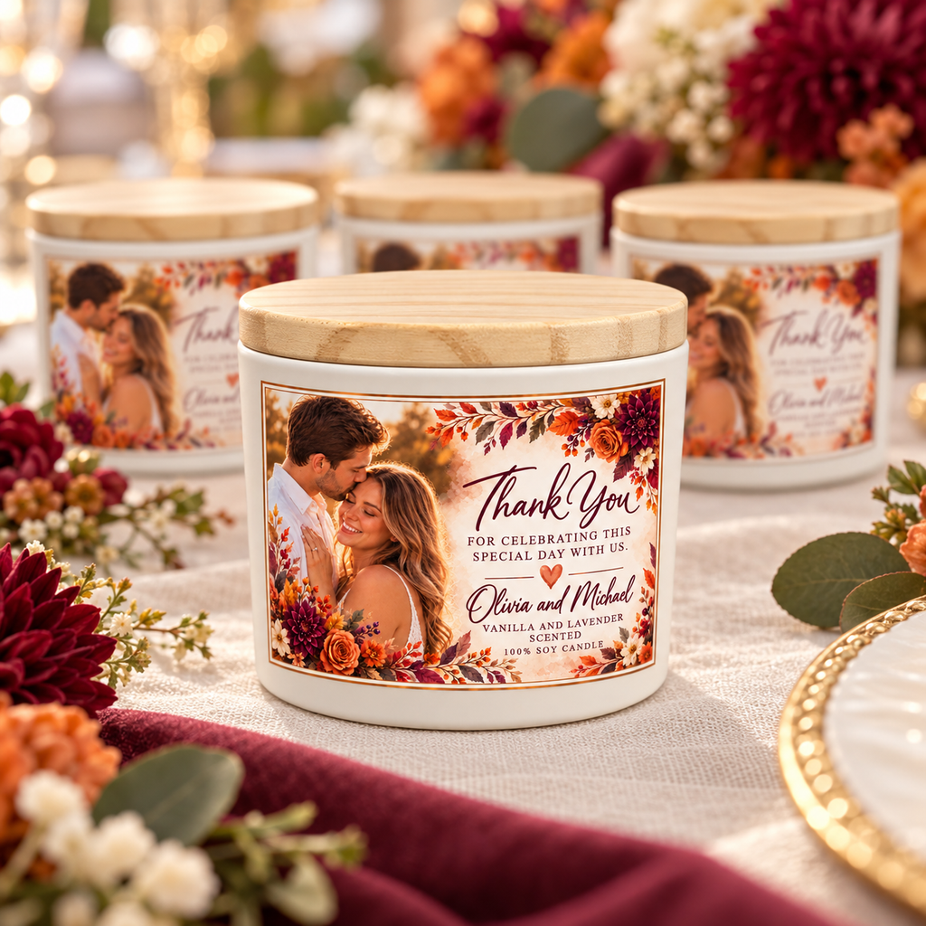 Personalized wedding candle favors with autumn labels and wooden lids