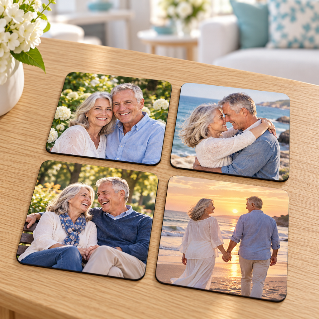 Set of four personalized coasters with illustrative anniversary photos