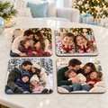 Set of four personalized coasters with illustrative family Christmas photos