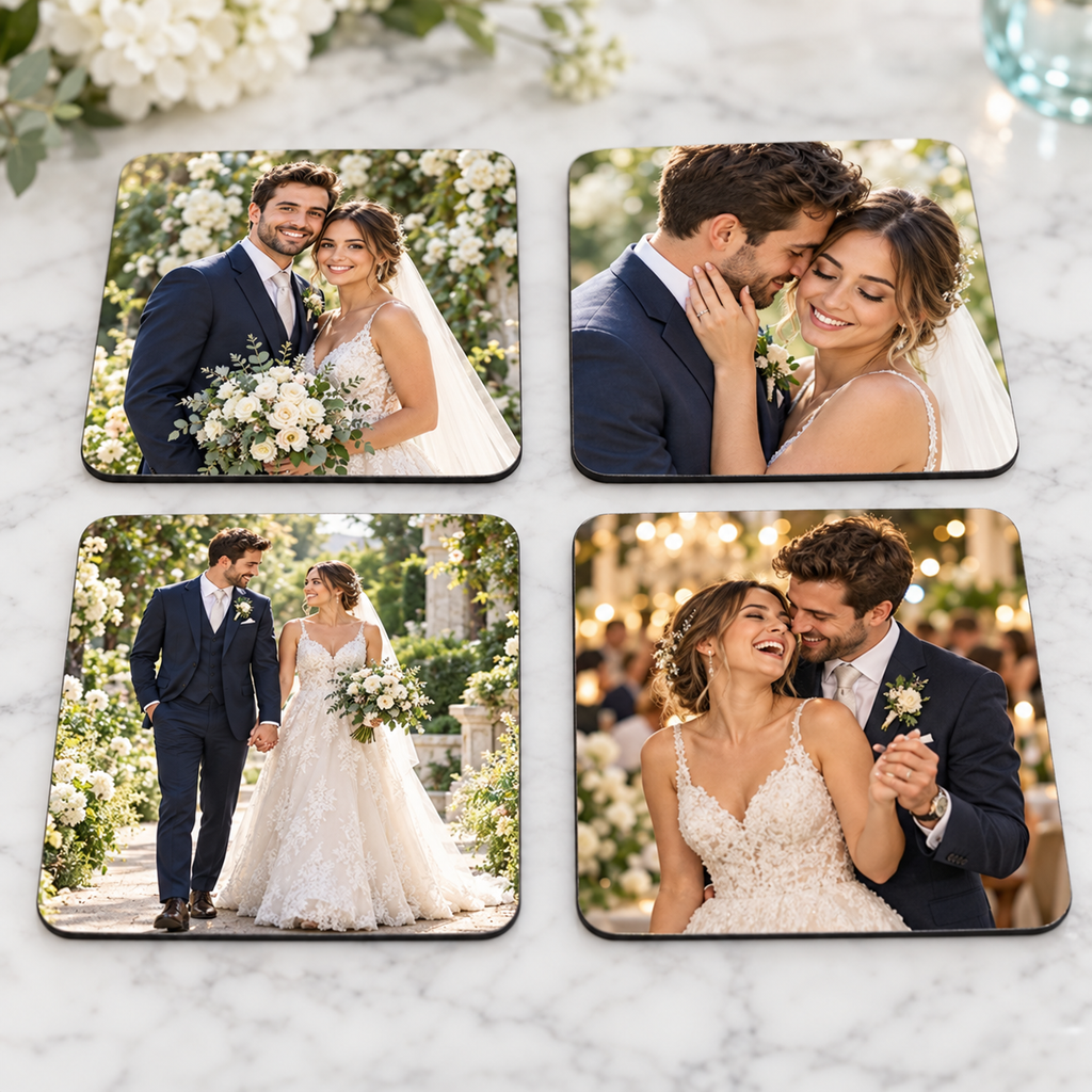 Set of four personalized coasters with illustrative wedding photos