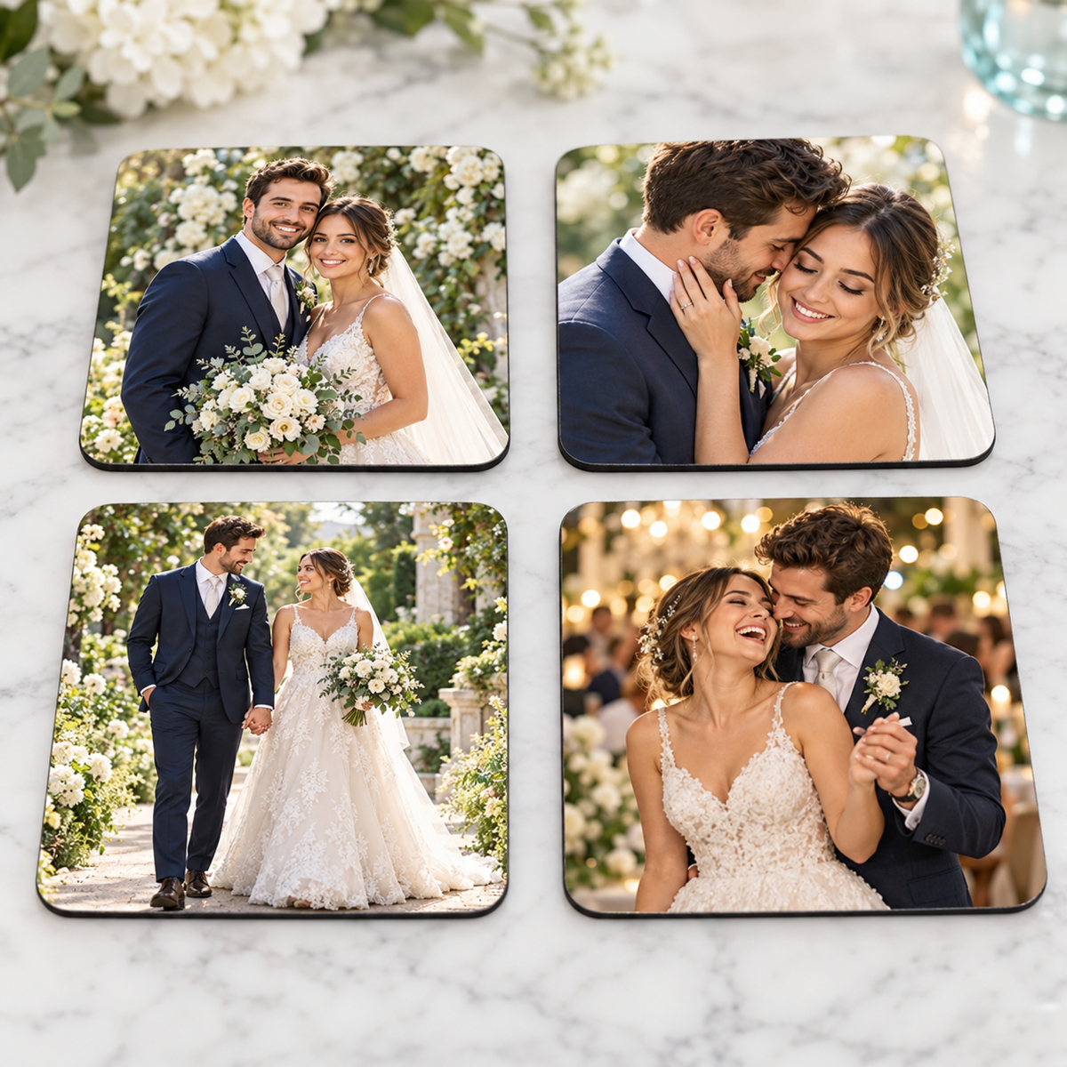 Set of four personalized coasters with illustrative wedding photos