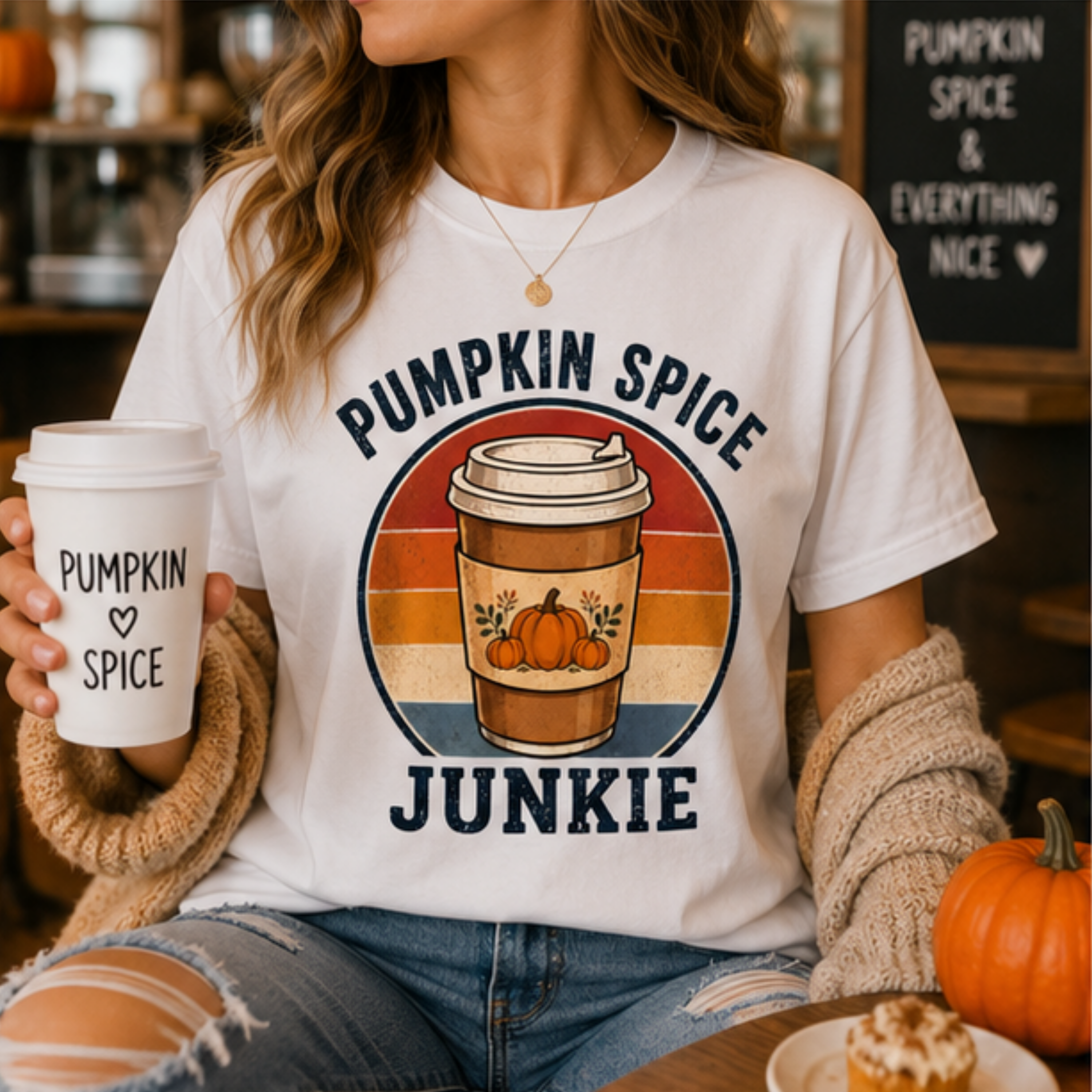 Pumpkin Spice Junkie Women's Graphic T-Shirt | Vintage Fall Coffee Lover Tee | Cozy Autumn Shirt