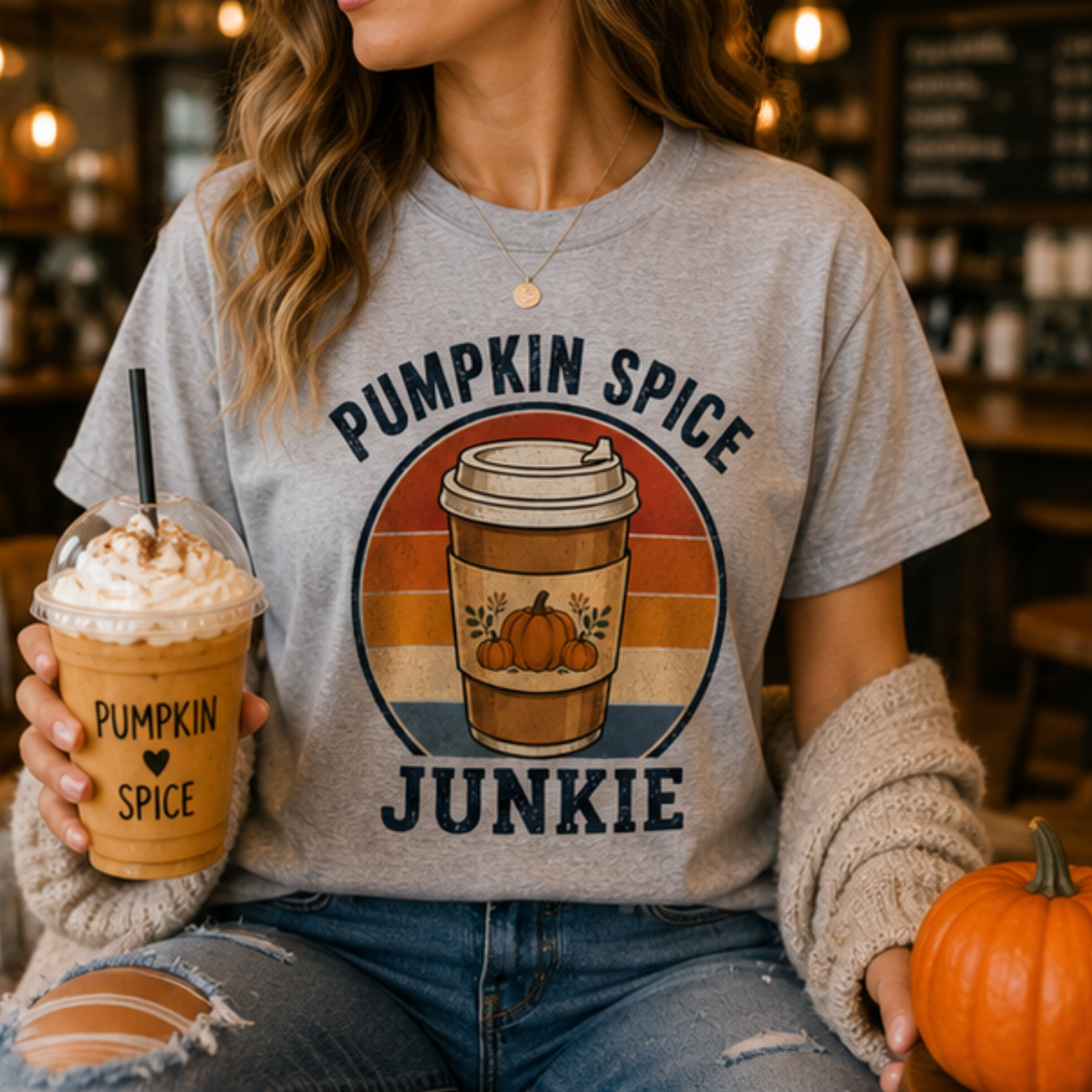 Pumpkin Spice Junkie Women's Graphic T-Shirt | Vintage Fall Coffee Lover Tee | Cozy Autumn Shirt