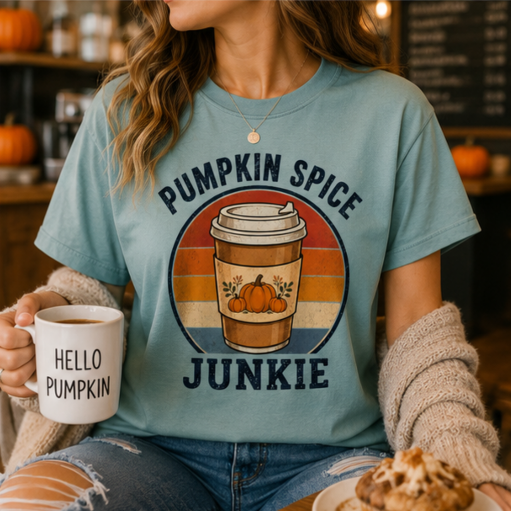 Pumpkin Spice Junkie Women's Graphic T-Shirt | Vintage Fall Coffee Lover Tee | Cozy Autumn Shirt