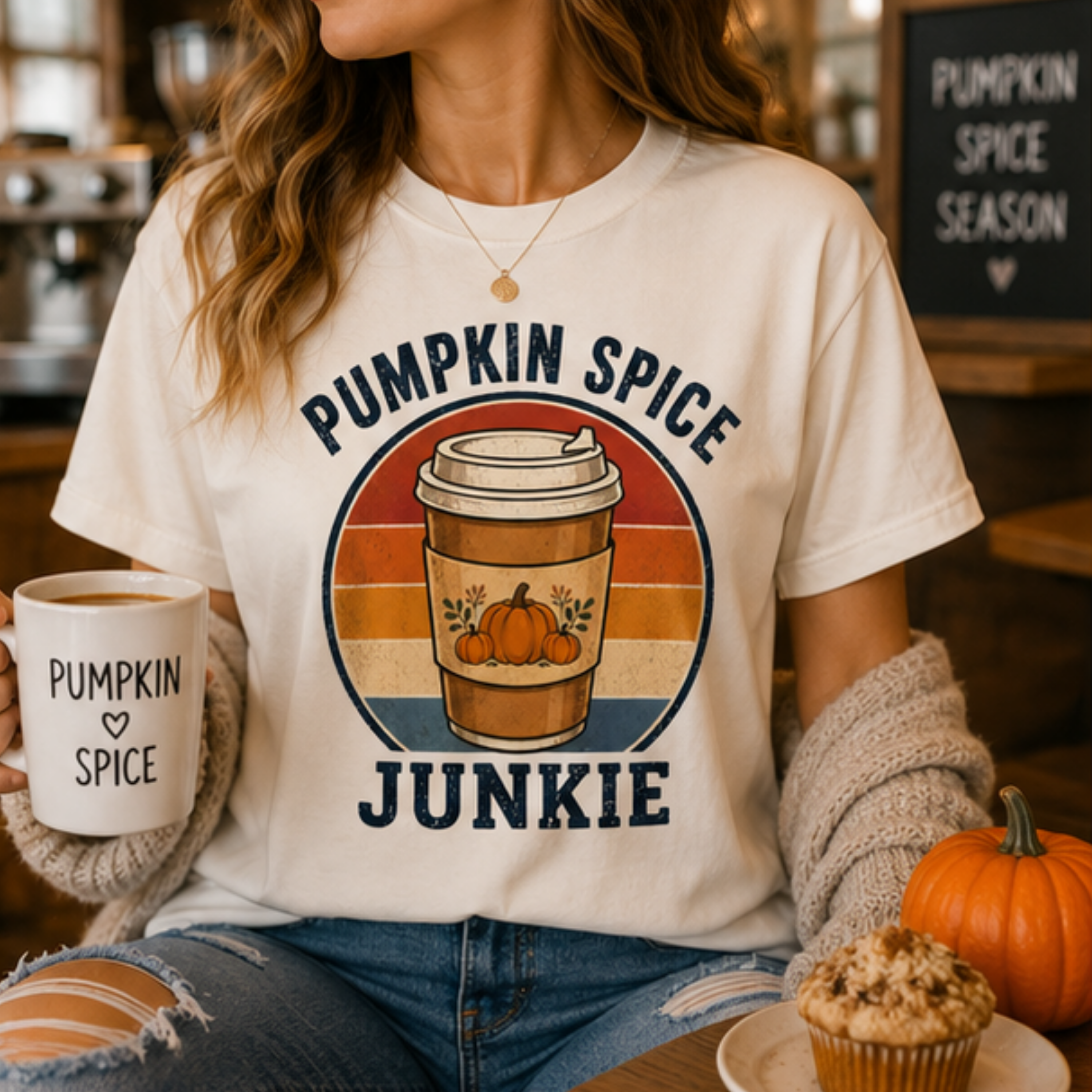 Pumpkin Spice Junkie Women's Graphic T-Shirt | Vintage Fall Coffee Lover Tee | Cozy Autumn Shirt