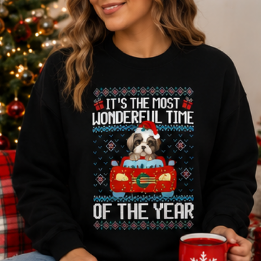 It's the Most Wonderful Time of the Year Shih Tzu Christmas Sweatshirt | Cute Holiday Dog Crewneck | Women's Cozy Winter Pullover