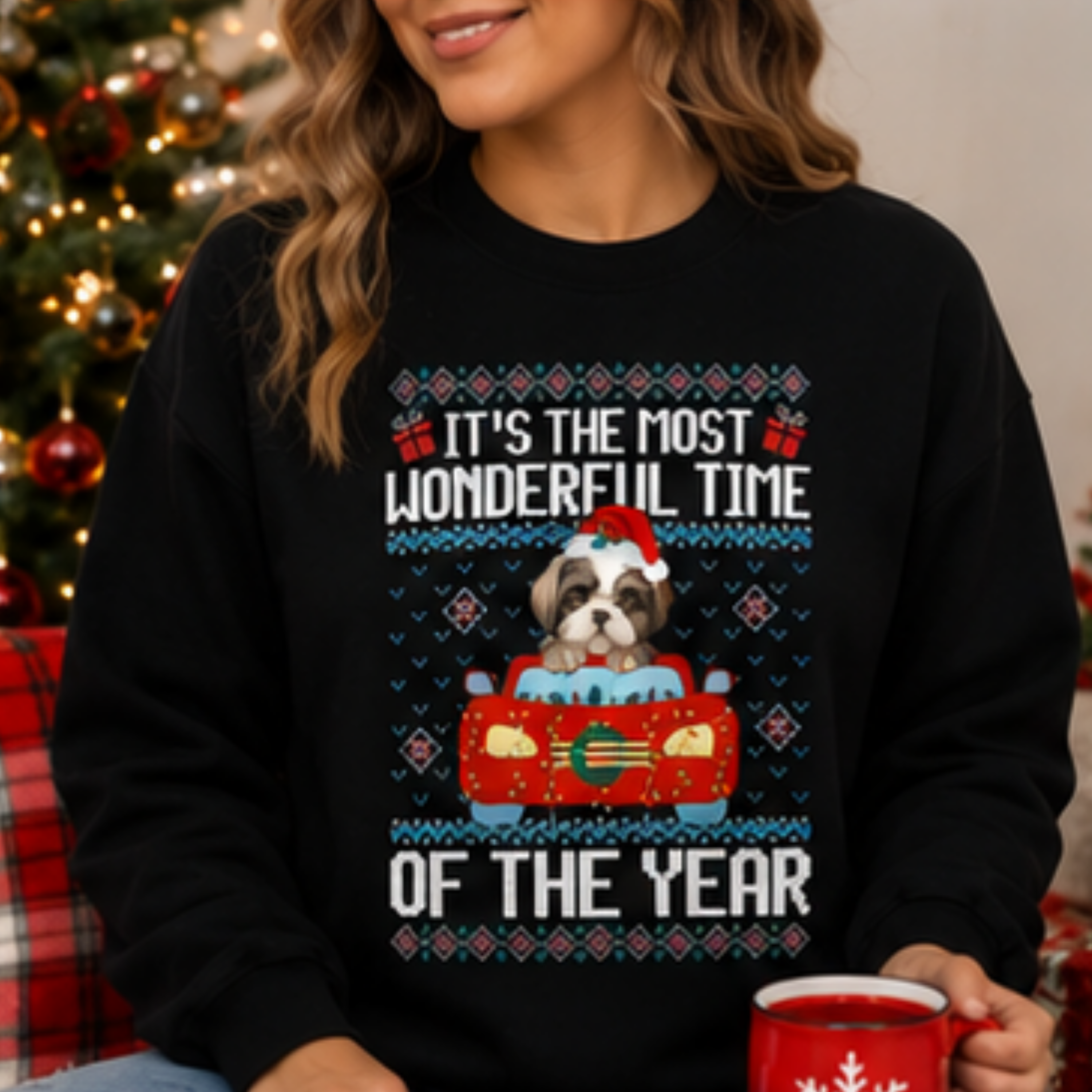 It's the Most Wonderful Time of the Year Shih Tzu Christmas Sweatshirt | Cute Holiday Dog Crewneck | Women's Cozy Winter Pullover