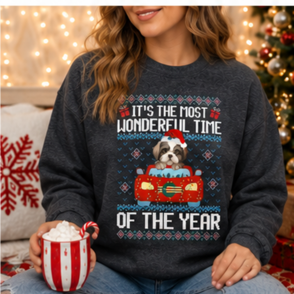 It's the Most Wonderful Time of the Year Shih Tzu Christmas Sweatshirt | Cute Holiday Dog Crewneck | Women's Cozy Winter Pullover