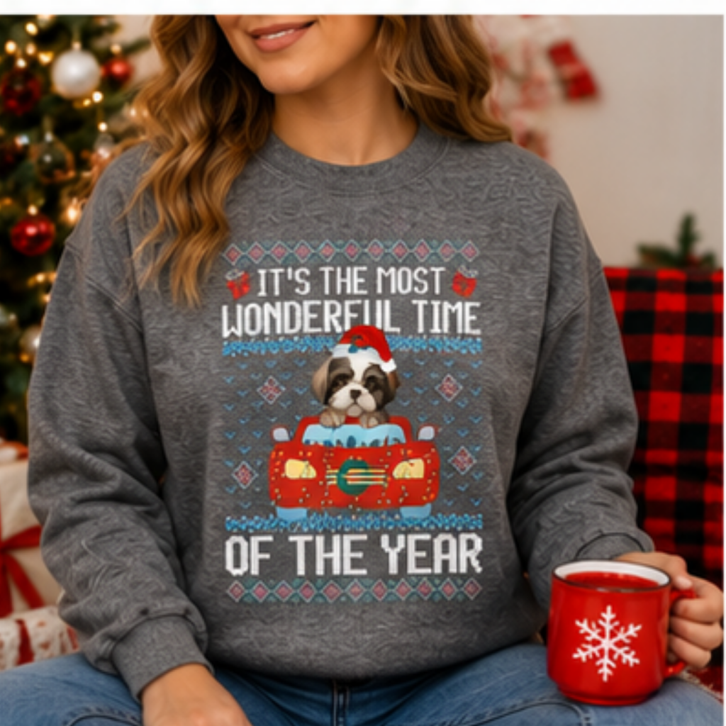 It's the Most Wonderful Time of the Year Shih Tzu Christmas Sweatshirt | Cute Holiday Dog Crewneck | Women's Cozy Winter Pullover