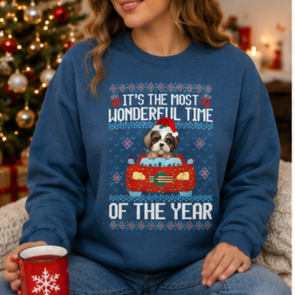 It's the Most Wonderful Time of the Year Shih Tzu Christmas Sweatshirt | Cute Holiday Dog Crewneck | Women's Cozy Winter Pullover