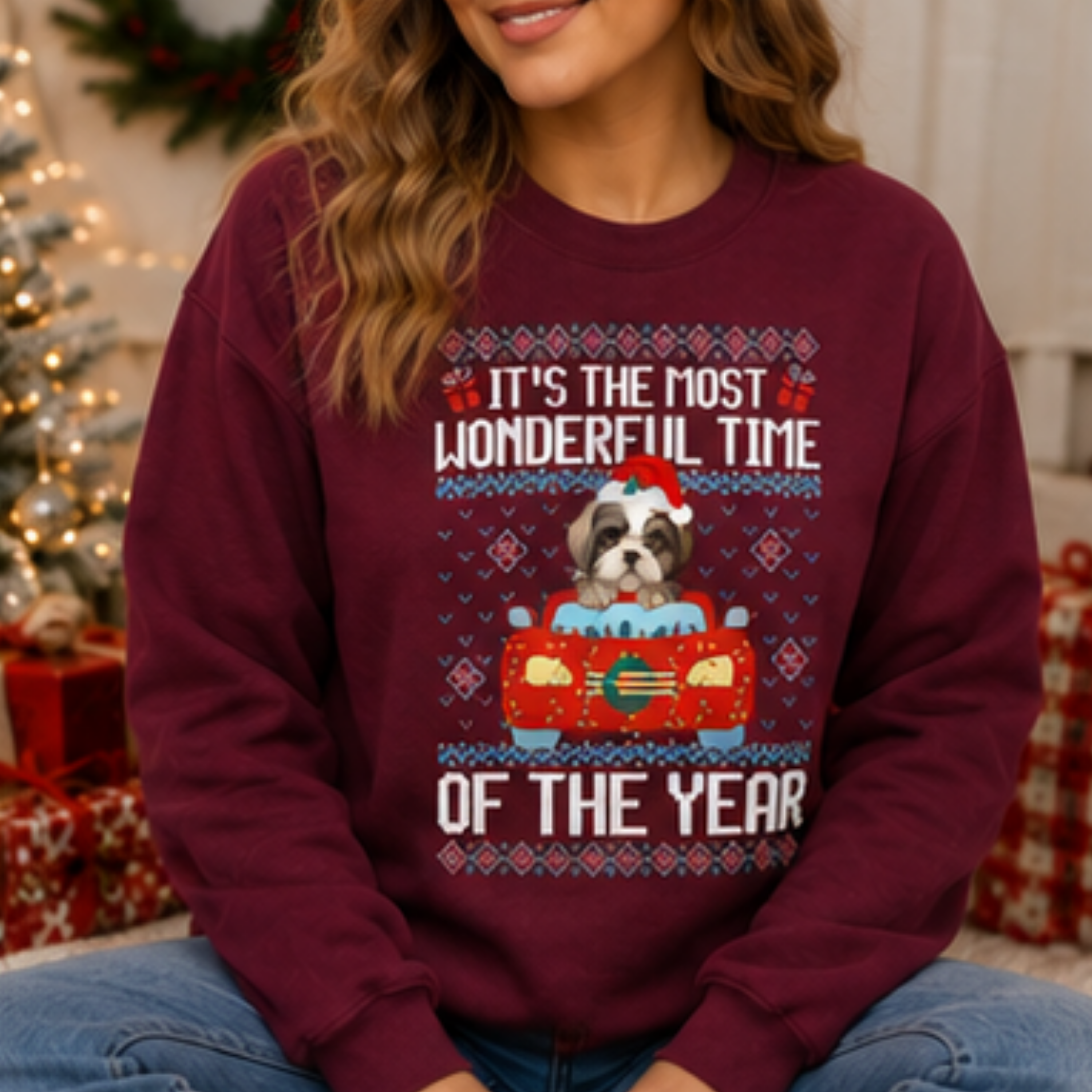 It's the Most Wonderful Time of the Year Shih Tzu Christmas Sweatshirt | Cute Holiday Dog Crewneck | Women's Cozy Winter Pullover
