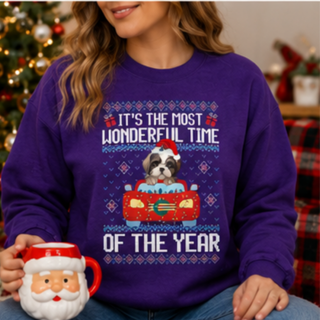 It's the Most Wonderful Time of the Year Shih Tzu Christmas Sweatshirt | Cute Holiday Dog Crewneck | Women's Cozy Winter Pullover