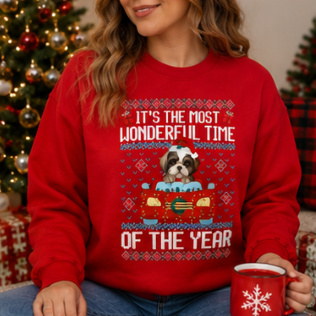 It's the Most Wonderful Time of the Year Shih Tzu Christmas Sweatshirt | Cute Holiday Dog Crewneck | Women's Cozy Winter Pullover
