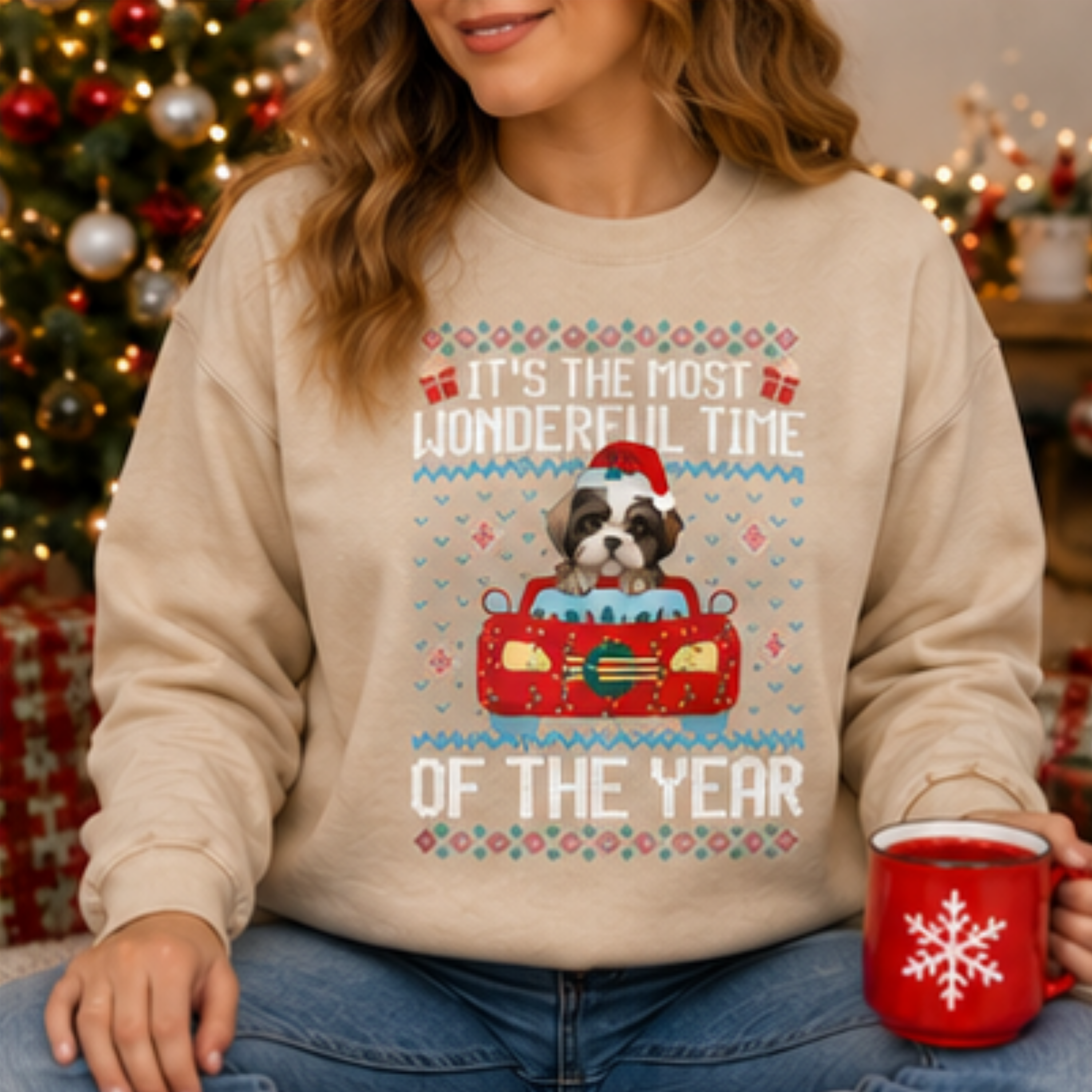 It's the Most Wonderful Time of the Year Shih Tzu Christmas Sweatshirt | Cute Holiday Dog Crewneck | Women's Cozy Winter Pullover
