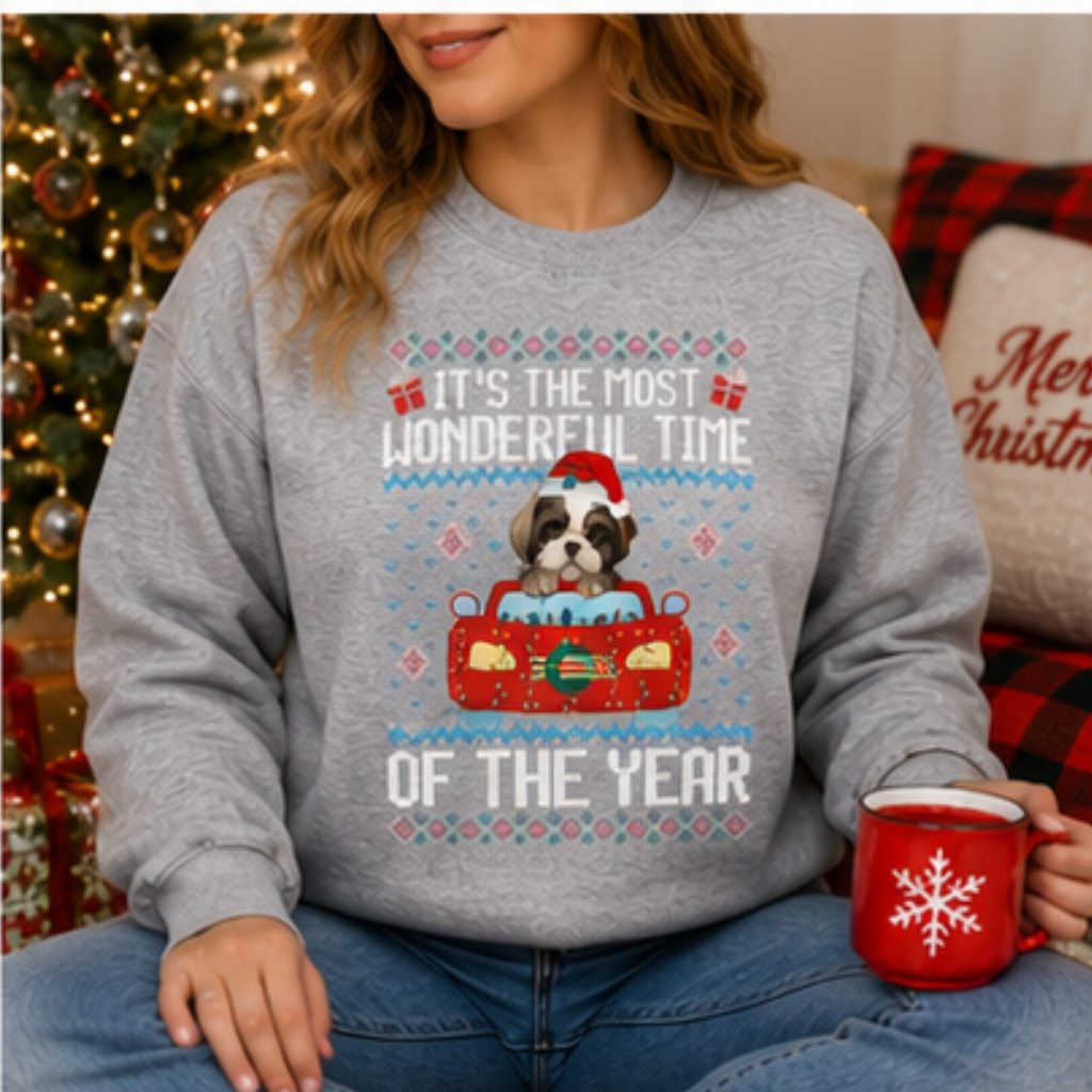 It's the Most Wonderful Time of the Year Shih Tzu Christmas Sweatshirt | Cute Holiday Dog Crewneck | Women's Cozy Winter Pullover