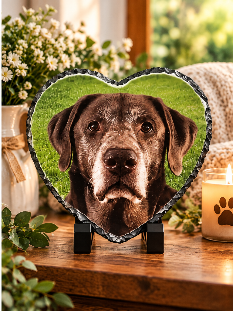Heart-shaped personalized dog photo slate with black stand in styled home setting