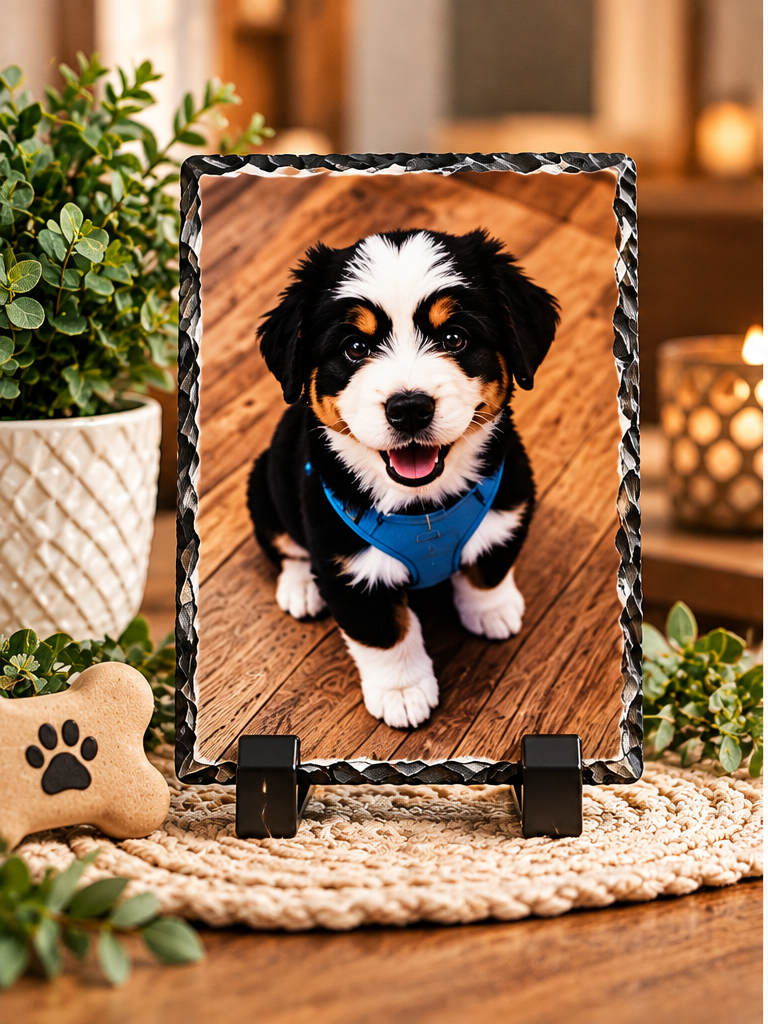 Rectangular personalized puppy photo slate with black stand in styled home setting