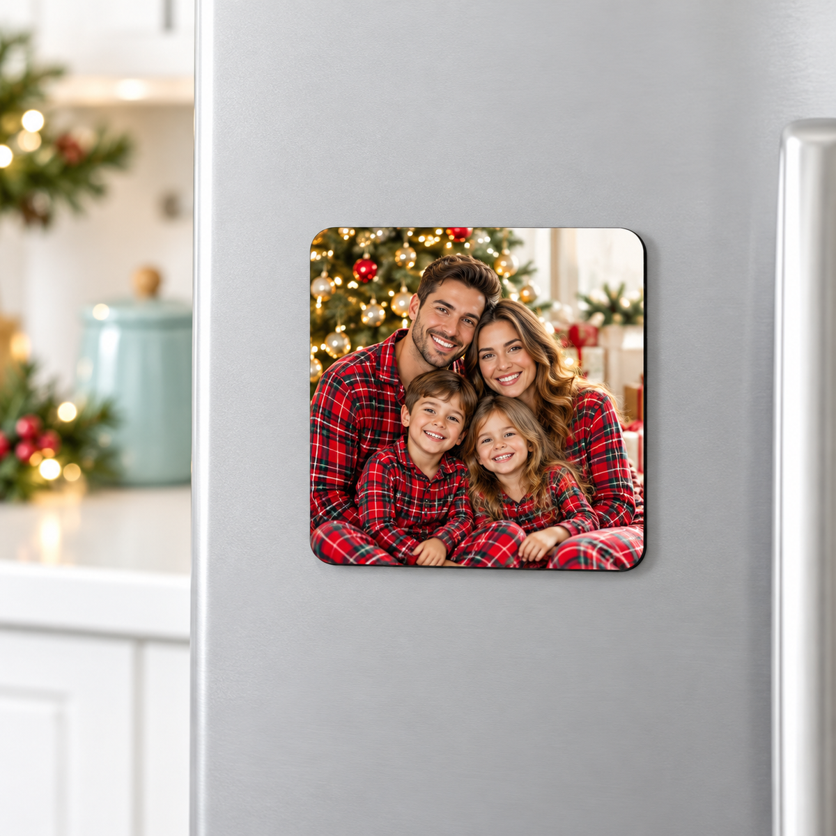 Illustrative family Christmas square MDF photo magnet