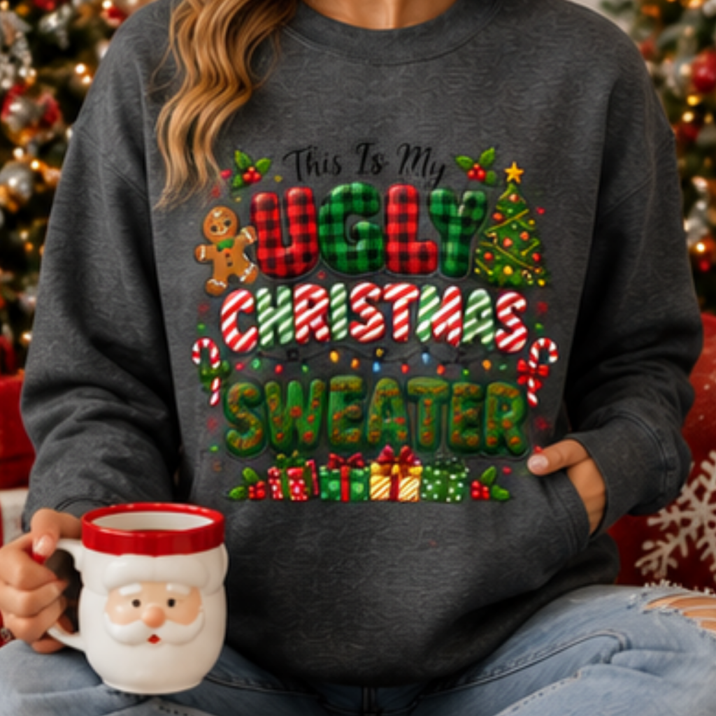 This Is My Ugly Christmas Sweater Sweatshirt | Funny Christmas Crewneck | Holiday Graphic Sweatshirt | Festive Winter Pullover | Cozy Christmas Gift