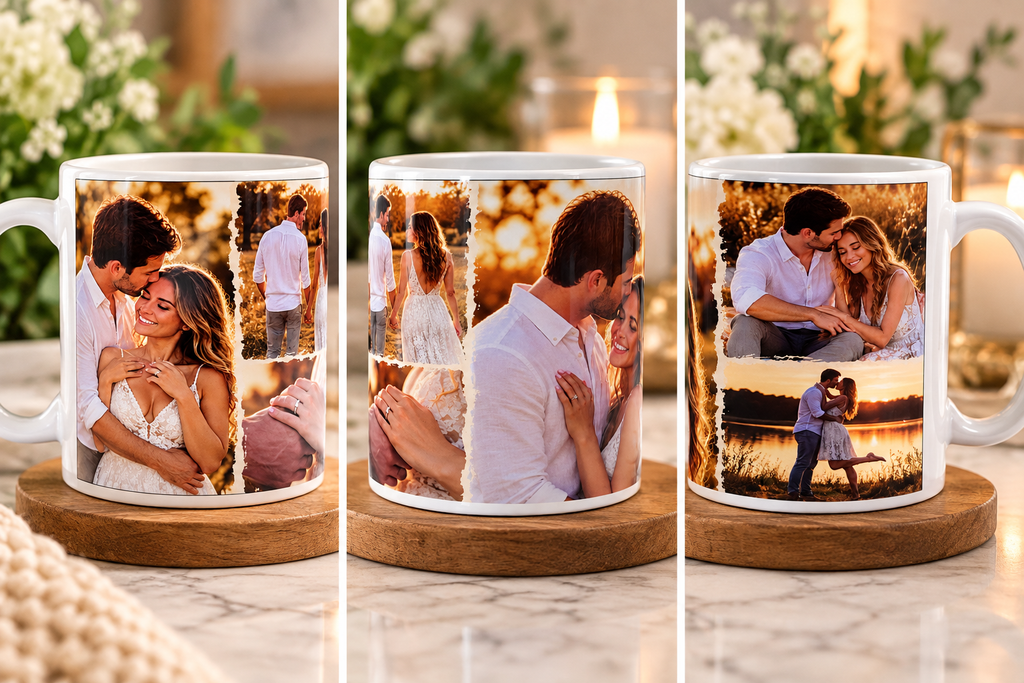 Personalized 11 oz photo collage mug displayed from three angles in warm lifestyle setting