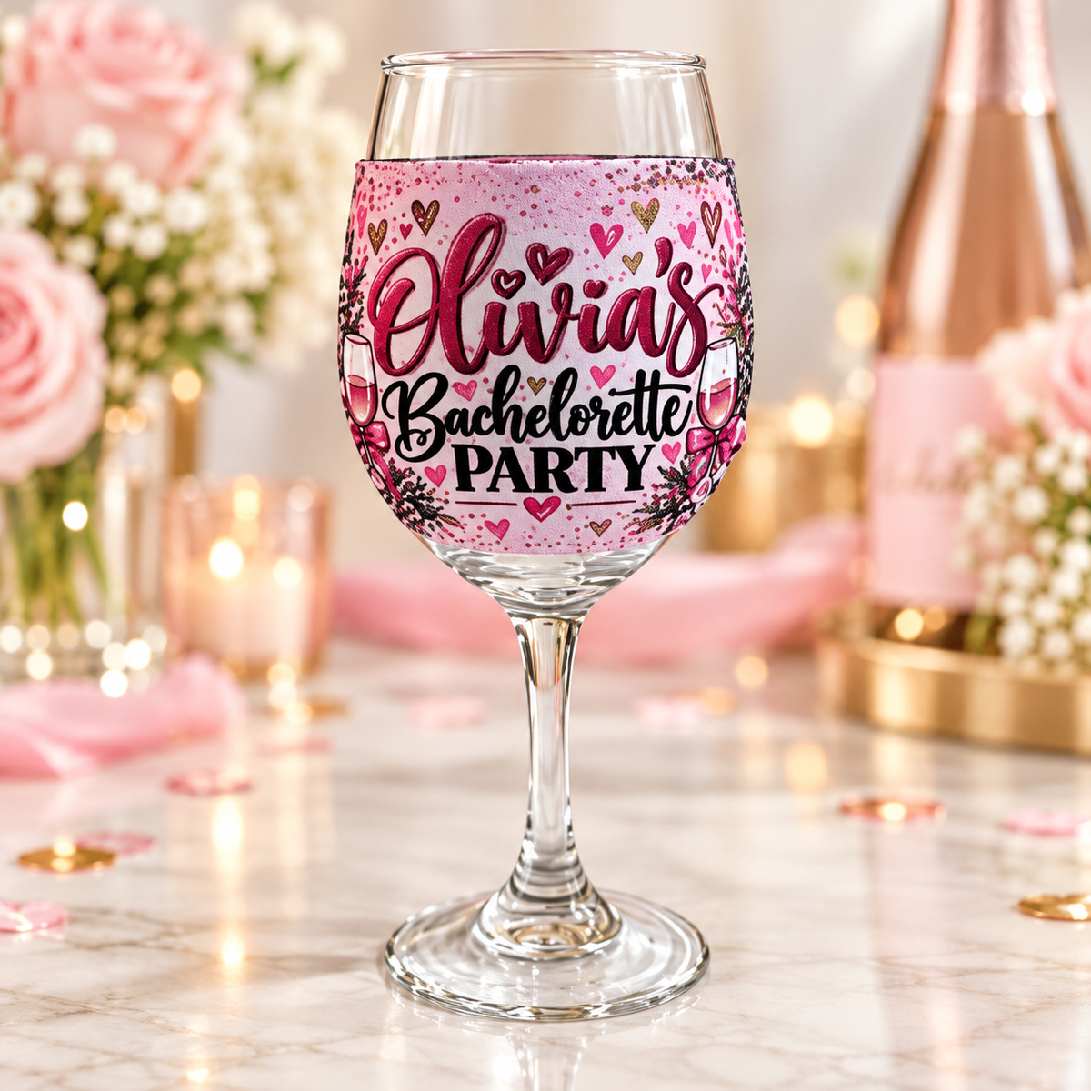 Personalized bachelorette wine glass koozie mockup