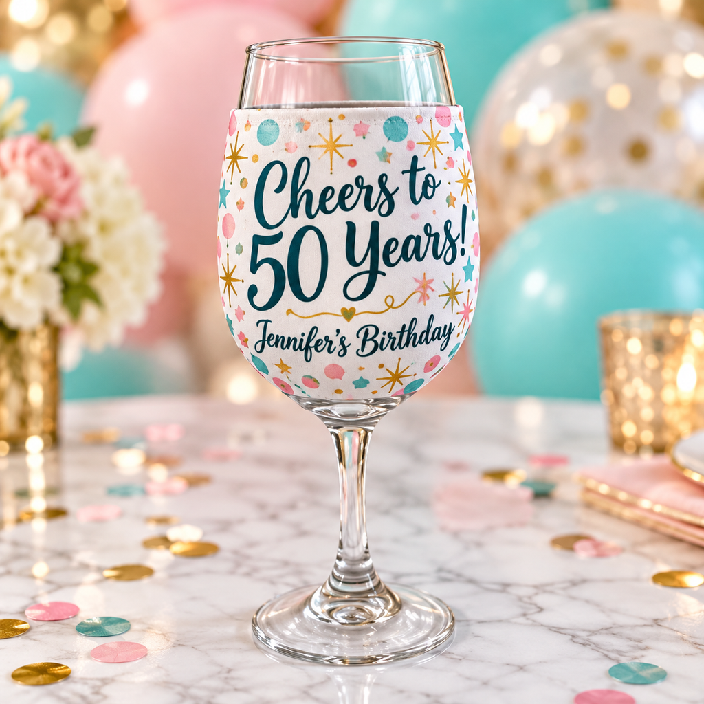 Personalized birthday wine glass koozie mockup