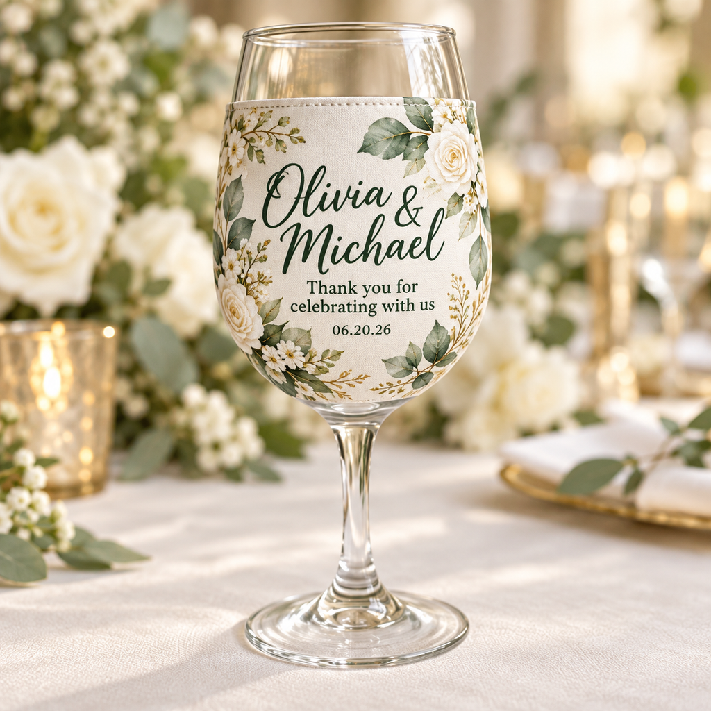 Floral personalized wedding wine glass koozie mockup